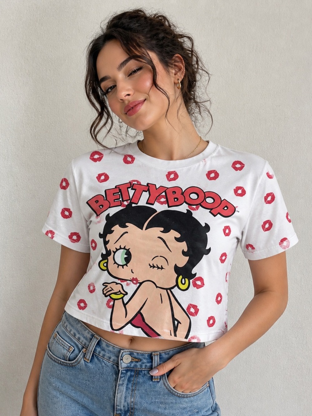 Betty Boop White Tee with Pink Red Lip Print Size fits M/L